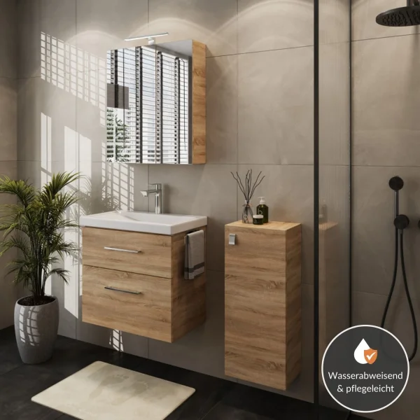 Badmöbel-Set mit Spiegelschrank 63cm und Midischrank Sonom Eiche