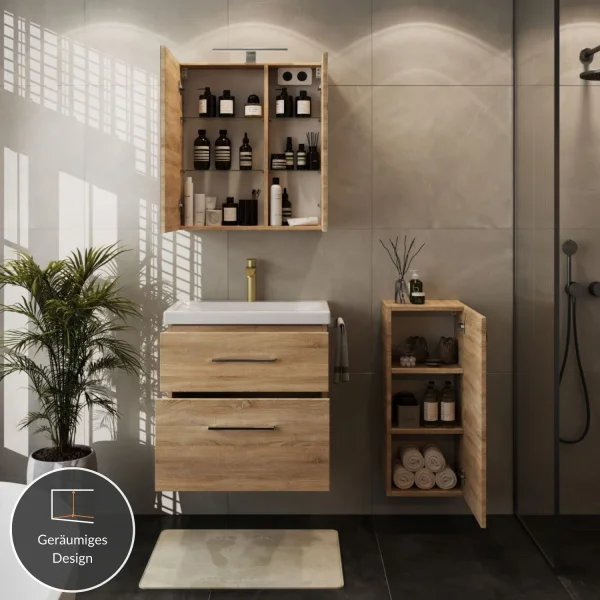 Badmöbel-Set mit Spiegelschrank 63cm und Midischrank Sonom Eiche