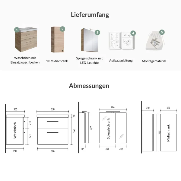 Badmöbel-Set mit Spiegelschrank 63cm und Midischrank Sonom Eiche