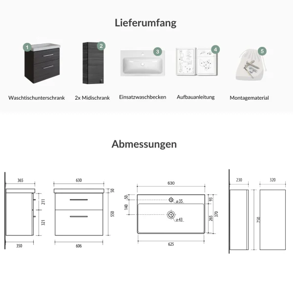 Badmöbel-Set 63cm mit 2x Midischrank Anthrazit