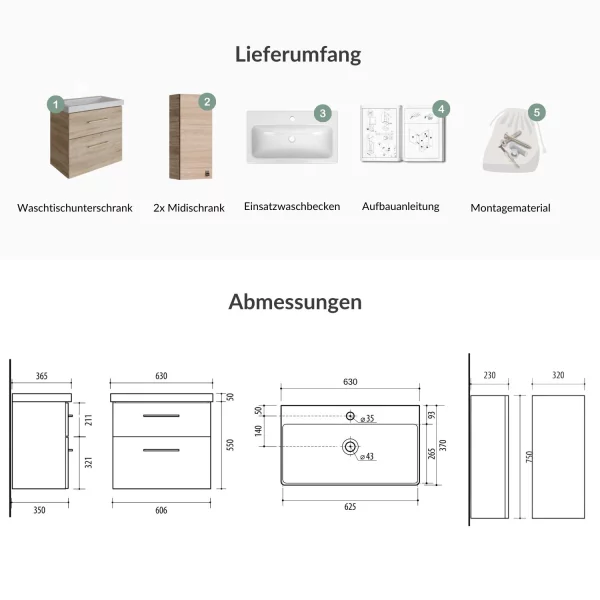 Badmöbel-Set 63cm mit 2x Midischrank Sonoma Eiche