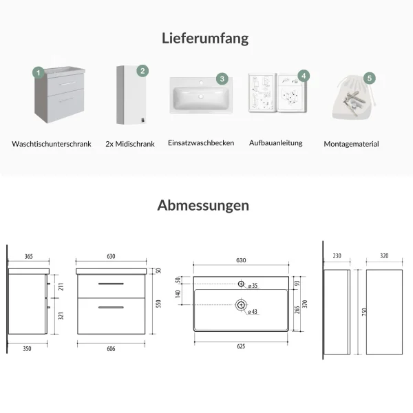 Badmöbel-Set 63cm mit 2x Midischrank weiß