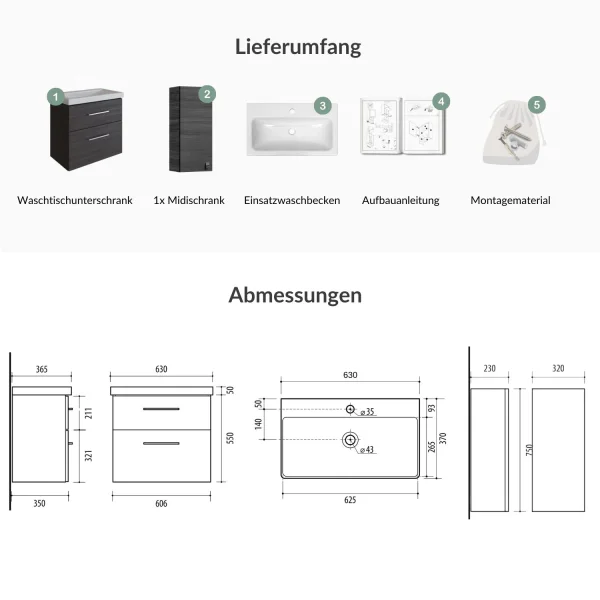 Badmöbel-Set 63cm mit Midischrank Anthrazit