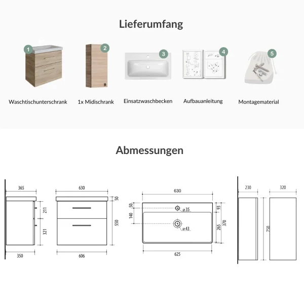 Badmöbel-Set 63cm mit Midischrank Sonoma Eiche