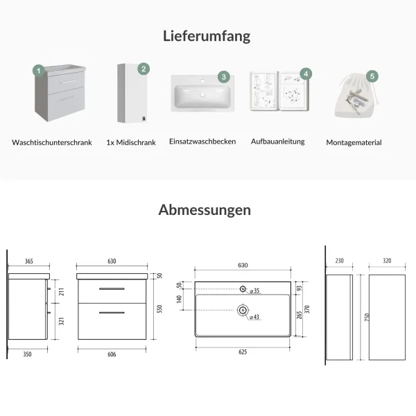 Badmöbel-Set 63cm mit Midischrank weiß