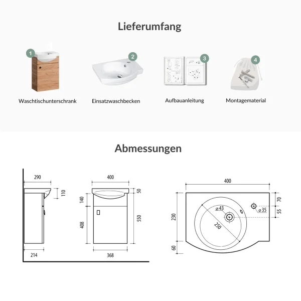 Waschtischunterschrank 40cm Gold Eiche