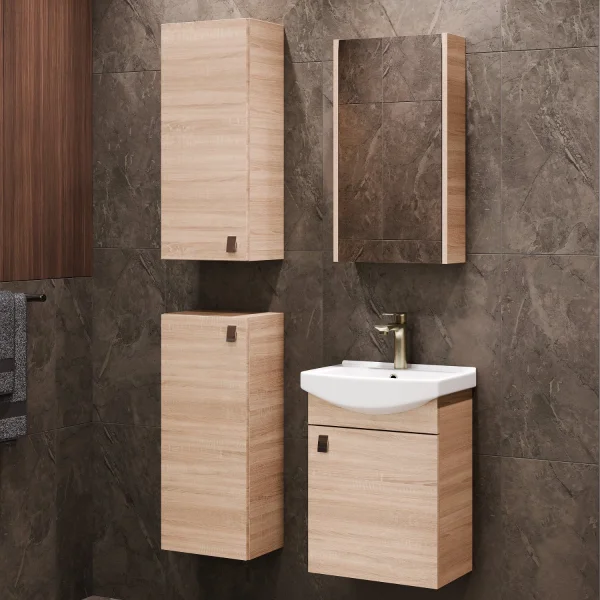Waschtischunterschrank 45 cm mit Spiegelschrank und 2x Midischrank 32 cm