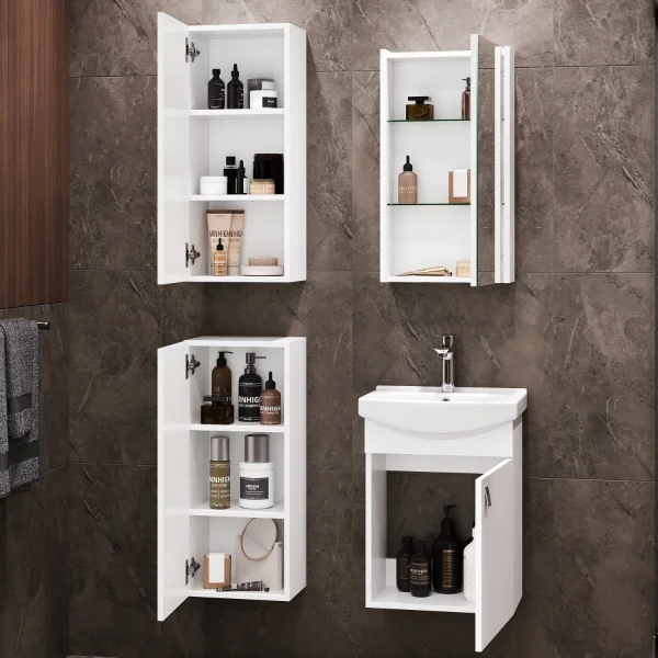 Waschtischunterschrank 45 cm mit Spiegelschrank und 2x Midischrank 32 cm