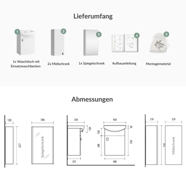 Waschtischunterschrank 45 cm mit Spiegelschrank und 2x Midischrank 32 cm