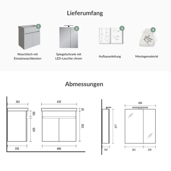 Badmöbel Set  - Waschtisch mit Spiegelschrank 60 cm / weiß