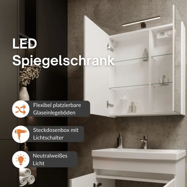 Badmöbel Set  - Waschtisch mit Spiegelschrank 60 cm / weiß