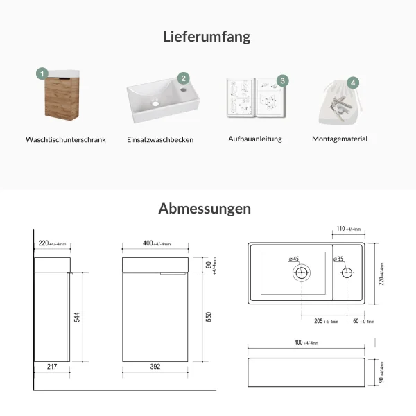 Waschbeckenunterschrank 40cm Gold Eiche