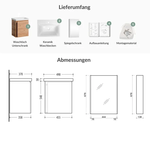 Badmöbel-Set mit Spiegelschrank 50cm Gold Eiche