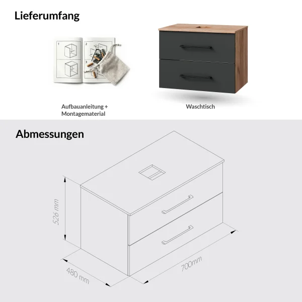LUX 70 cm Vanity Cabinet, Gold Oak / Anthracite, WITHOUT Sink