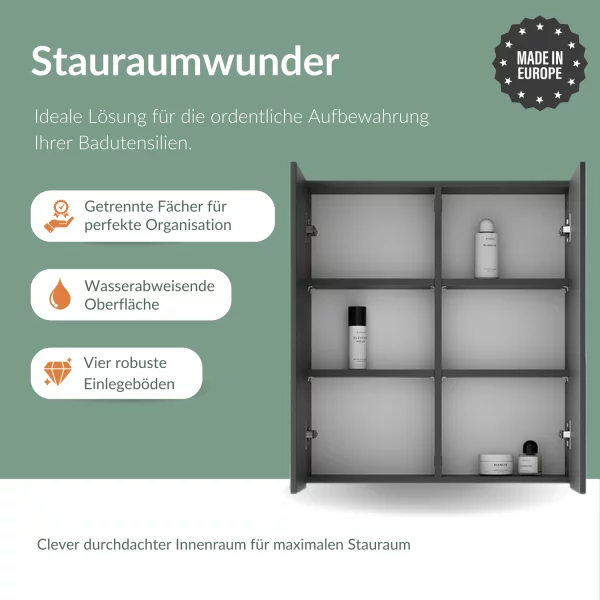 Spiegelschrank Merkur ohne Leuchte - anthrazit, 60 cm