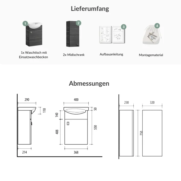 Meuble sous-lavabo de 40 cm avec 2 meubles midi de 32 cm, couleur anthracite