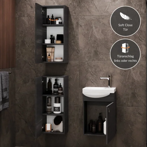 Meuble sous-lavabo de 40 cm avec 2 meubles midi de 32 cm, couleur anthracite