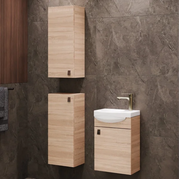 Meuble sous-lavabo de 40 cm avec 2 meubles moyens de 32 cm, en chêne Sonoma