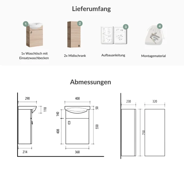 Meuble sous-lavabo de 40 cm avec 2 meubles moyens de 32 cm, en chêne Sonoma