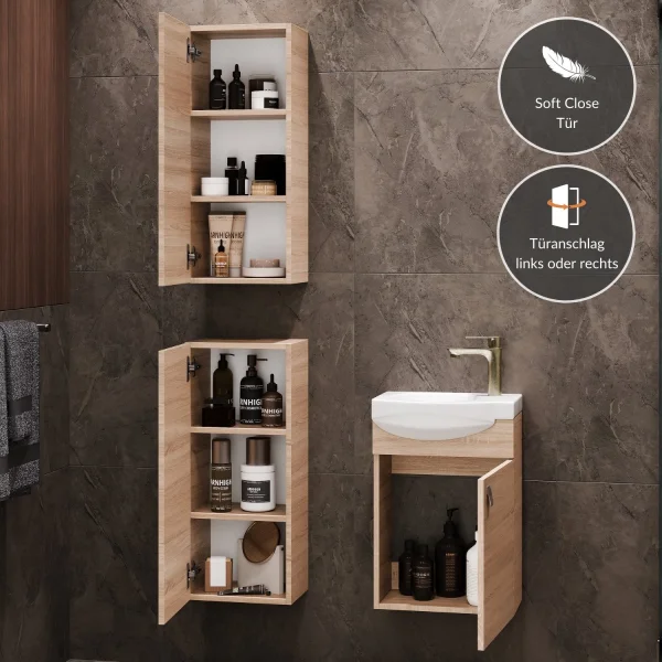 Meuble sous-lavabo de 40 cm avec 2 meubles moyens de 32 cm, en chêne Sonoma