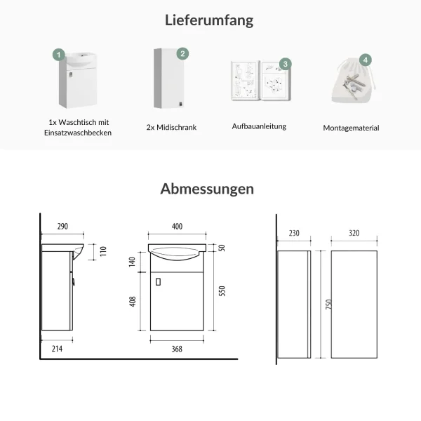 Meuble sous-lavabo de 40 cm avec 2 meubles « midi » de 32 cm, blanc