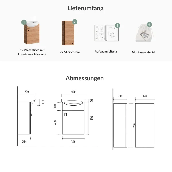 Meuble sous-lavabo de 40 cm avec 2 meublières « Midi » de 32 cm, chêne doré