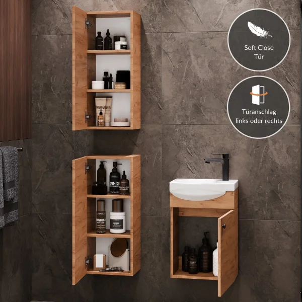 Meuble sous-lavabo de 40 cm avec 2 meublières « Midi » de 32 cm, chêne doré