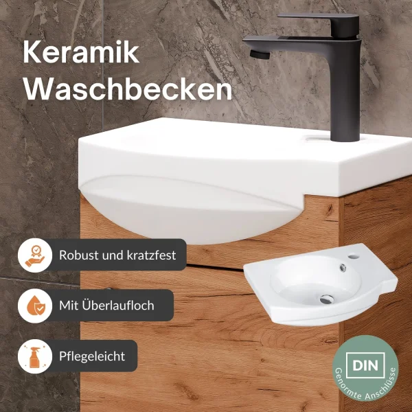 Meuble sous-lavabo de 40 cm avec 2 meublières « Midi » de 32 cm, chêne doré