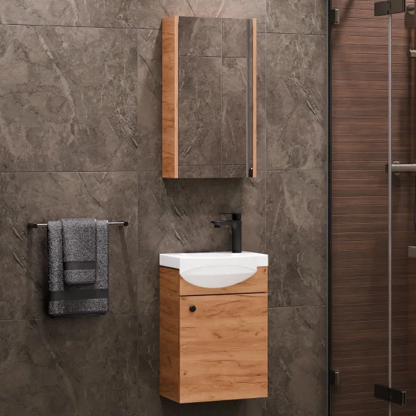 Badmöbel Set mit Waschtisch inkl. Waschbecken und Spiegelschrank 40 cm, gold eiche