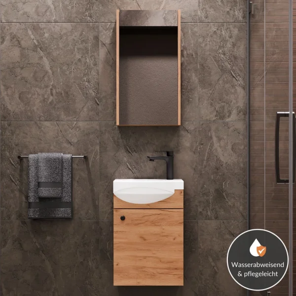 Badmöbel Set mit Waschtisch inkl. Waschbecken und Spiegelschrank 40 cm, gold eiche