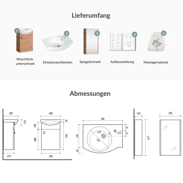 Badmöbel Set mit Waschtisch inkl. Waschbecken und Spiegelschrank 40 cm, gold eiche