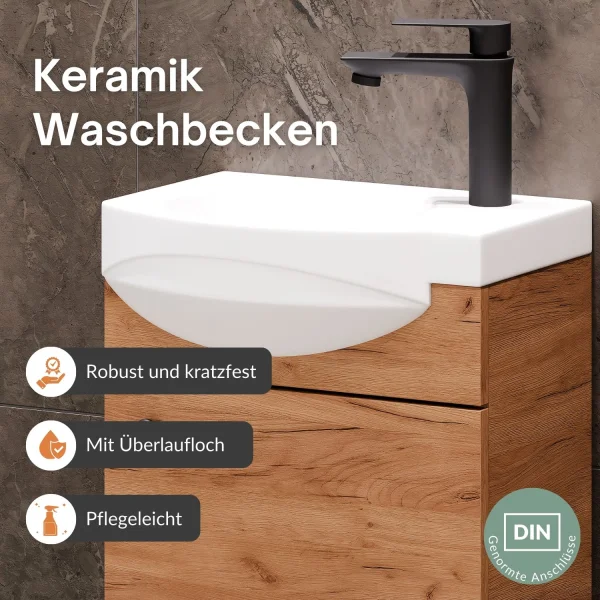 Badmöbel Set mit Waschtisch inkl. Waschbecken und Spiegelschrank 40 cm, gold eiche