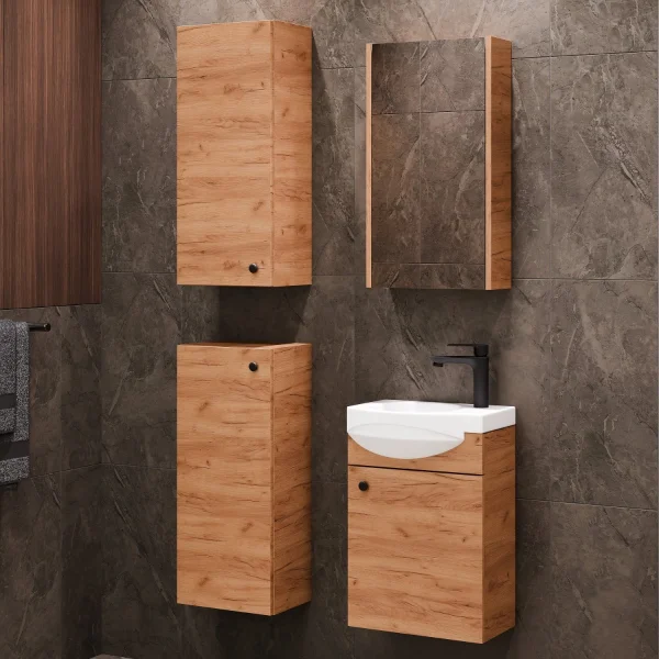 Meuble sous-lavabo de 40 cm avec armoire de toilette et 2 armoires « midi » de 32 cm, chêne doré