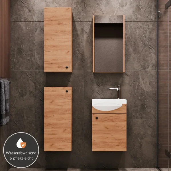 Meuble sous-lavabo de 40 cm avec armoire de toilette et 2 armoires « midi » de 32 cm, chêne doré