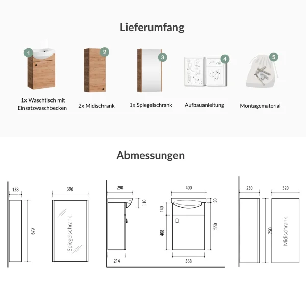 Meuble sous-lavabo de 40 cm avec armoire de toilette et 2 armoires « midi » de 32 cm, chêne doré