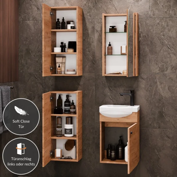Meuble sous-lavabo de 40 cm avec armoire de toilette et 2 armoires « midi » de 32 cm, chêne doré