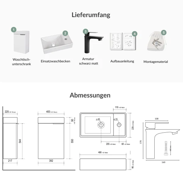 Waschbeckenunterschrank 40cm weiß mit Armatur schwarz