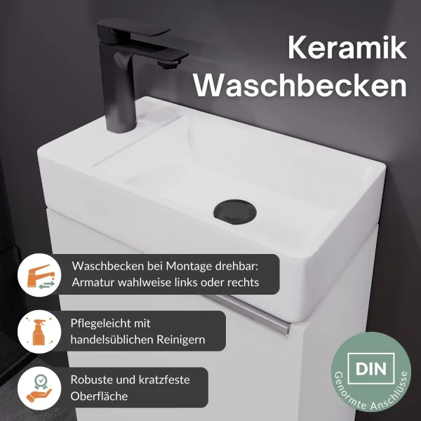 Waschbeckenunterschrank 40cm weiß mit Armatur schwarz