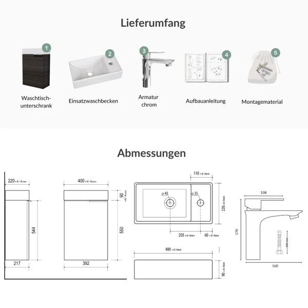 Waschbeckenunterschrank 40cm Anthrazit mit Armatur Chrom