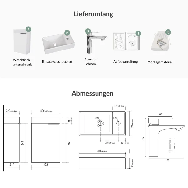 Waschbeckenunterschrank 40cm weiß mit Armatur Chrom