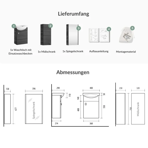 Waschtisch 40 cm mit Spiegelschrank und Midischrank - anthrazit