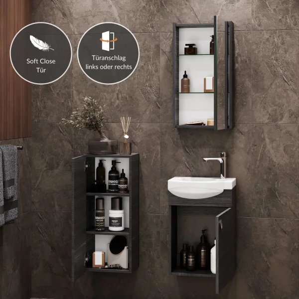 Waschtisch 40 cm mit Spiegelschrank und Midischrank - anthrazit
