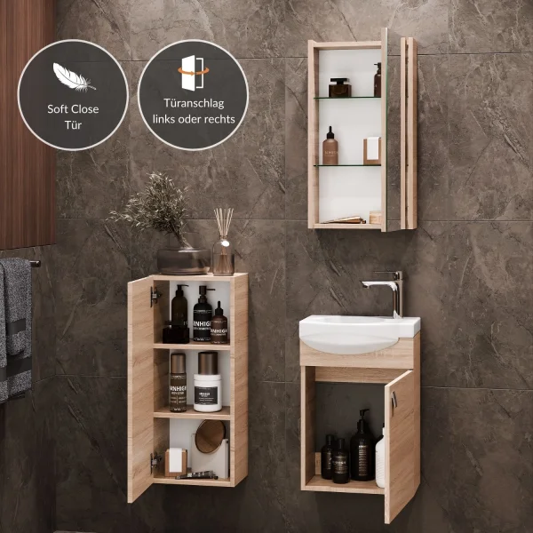 Meuble sous-lavabo de 40 cm avec armoire de toilette et meuble intermédiaire de 32 cm, en chêne Sonoma