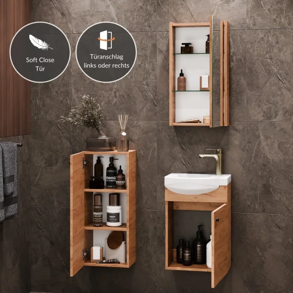 Mobile sottolavabo da 40 cm con armadietto a specchio e mobile medio da 32 cm in rovere dorato