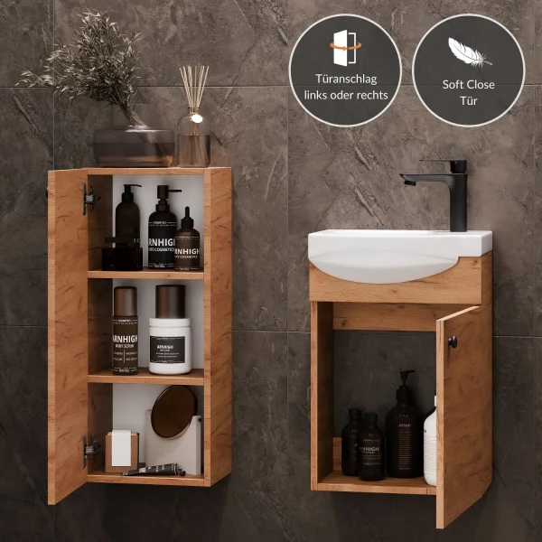 Meuble sous-vasque de 40 cm avec meuble intermédiaire de 32 cm, chêne doré