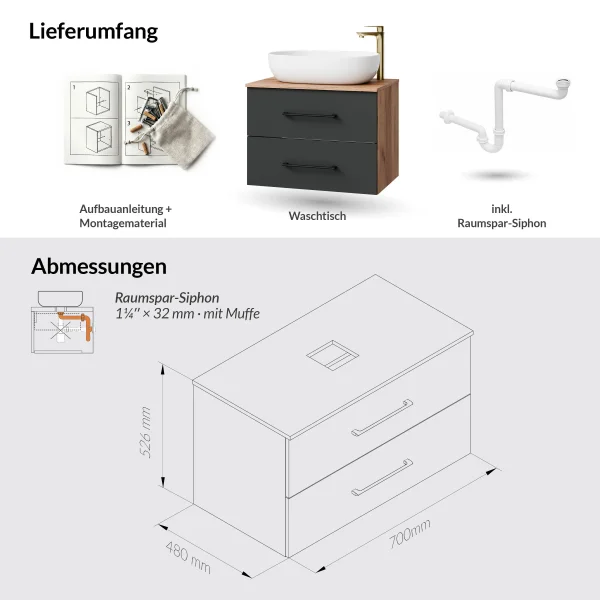 LUX 70-cm Vanity Cabinet in Gold Oak / Anthracite with 60-cm White Countertop Sink