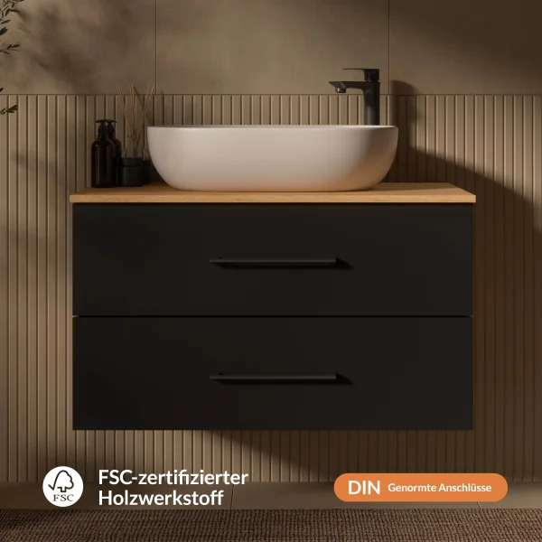Mueble bajo de lavabo LUX de 90 cm en roble dorado / antracita con lavabo sobre encimera blanco