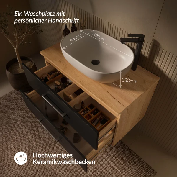Mueble bajo de lavabo LUX de 90 cm en roble dorado / antracita con lavabo sobre encimera blanco