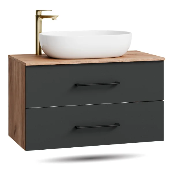 Mueble bajo de lavabo LUX de 90 cm en roble dorado / antracita con lavabo sobre encimera blanco