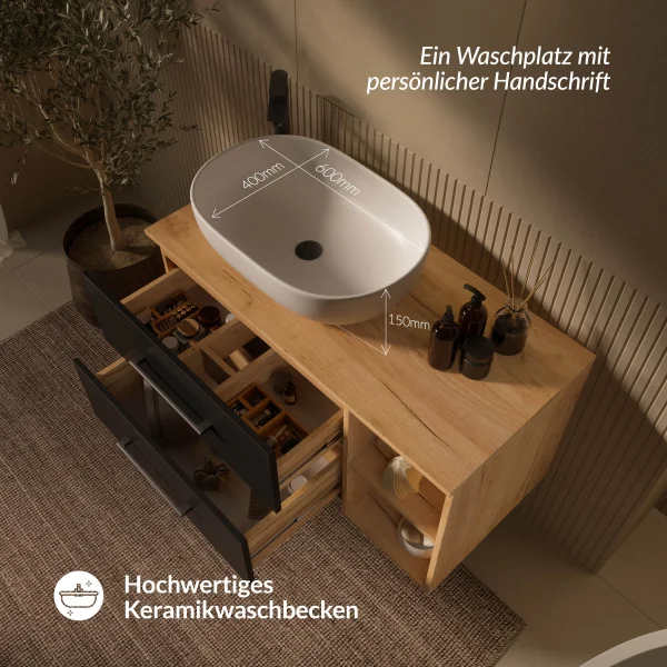 LUX Vanity Cabinet with Shelf, 100 cm, Gold Oak / Anthracite, with White Countertop Sink